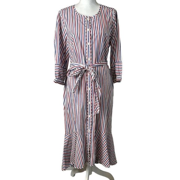 J.CREW Striped Americana Striped Tie Waist Poplin Shirt Dress, NWOT, Size 12 - Picture 1 of 10